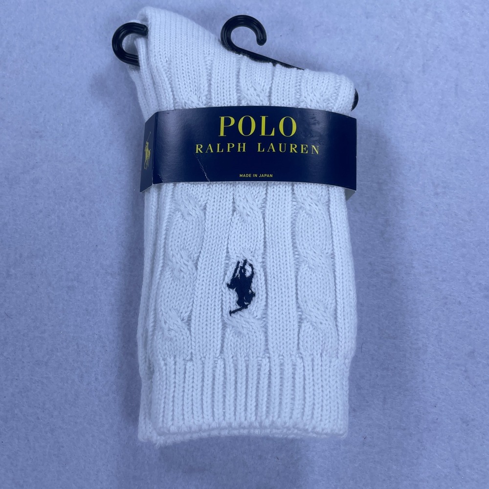 Polo Ralph Lauren White Cable Knit Crew Socks Navy Pony Logo Made in Japan NEW